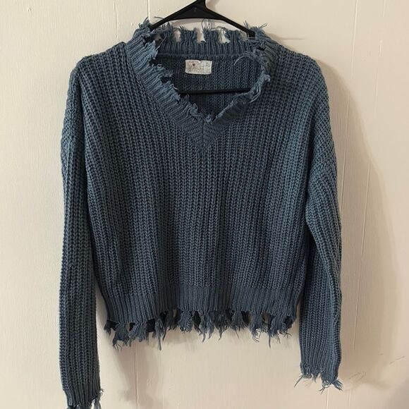 Blue Frayed V-Neck Sweater - Picture 1 of 2
